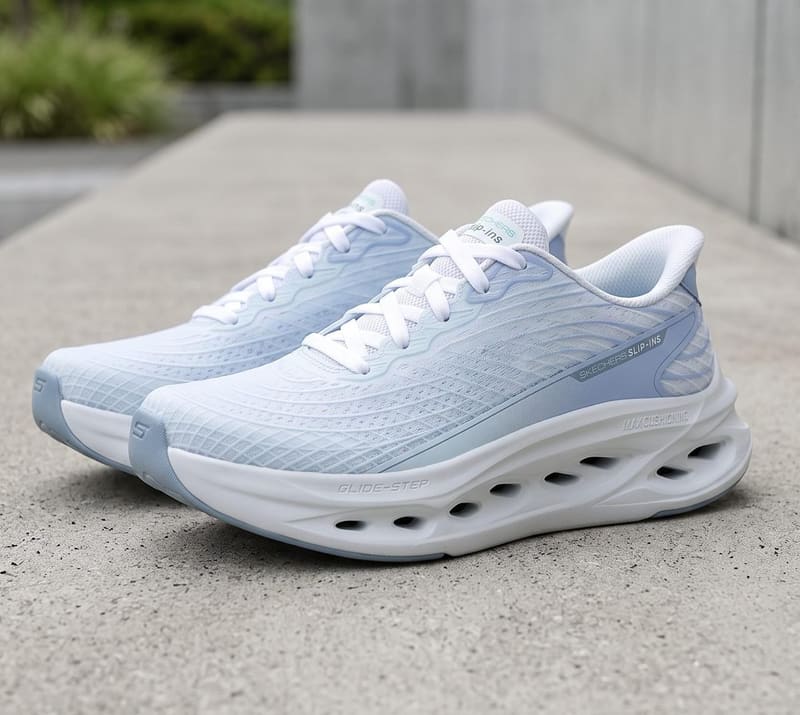Tenis Skechers Cushioning Glidestep Slip Ins Feminino Branco Verde Agua